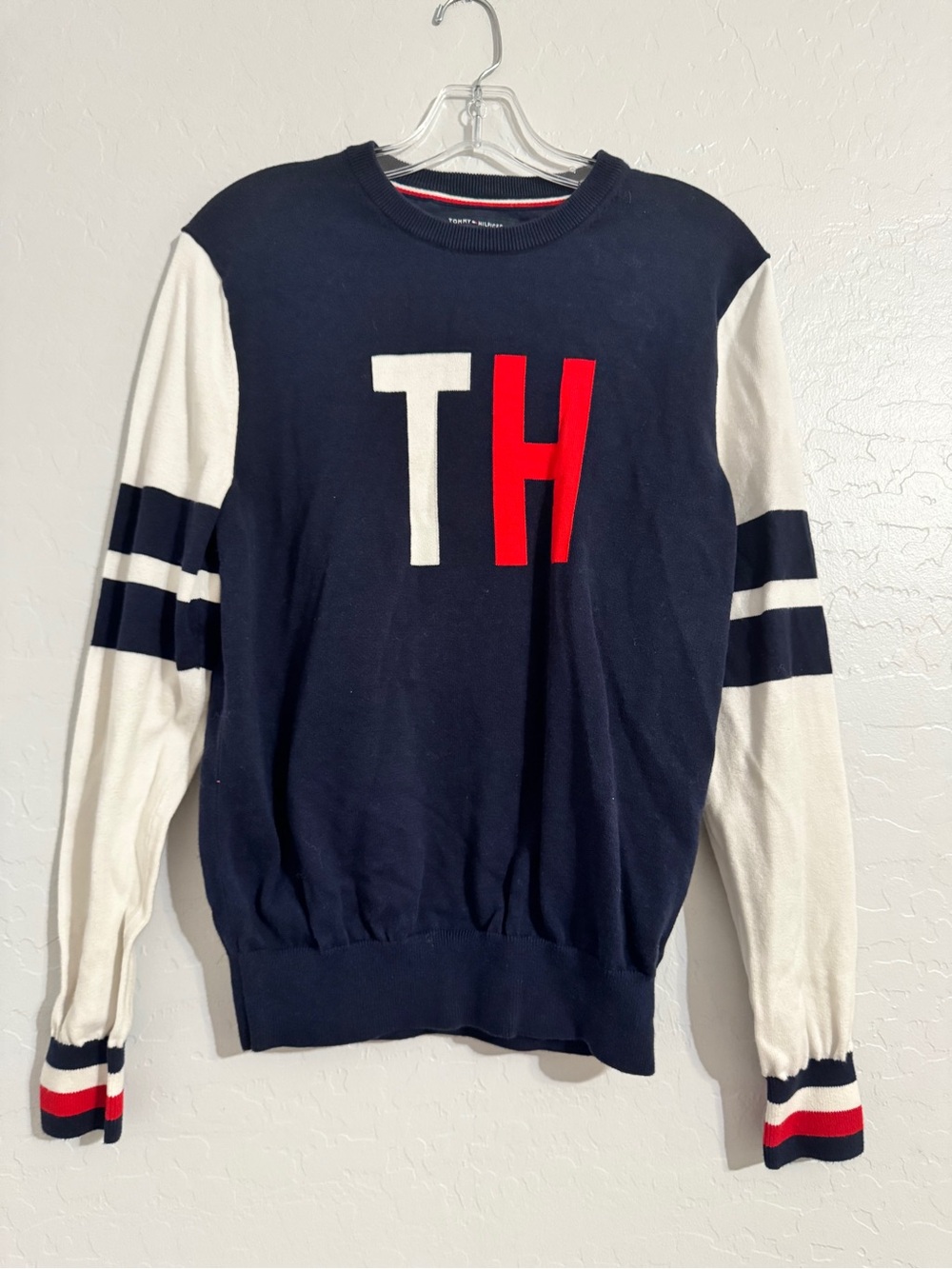 👕Tommy Hilfiger Knit Colorblock Crewneck Logo Pullover Sweater Blue size S/P